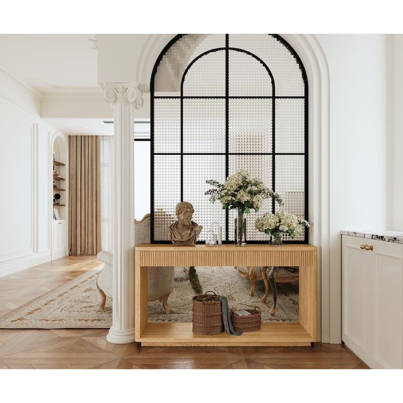 60" Modern 2-Drawer Fluted Console Table Natural Wood Veneer Sofa Table Behind Couch Table for Living Room