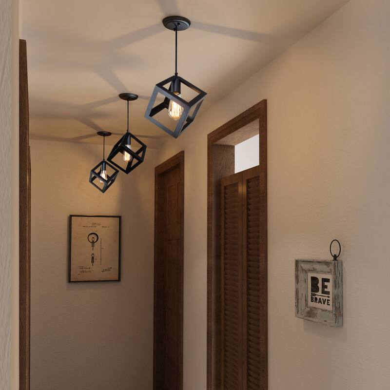 Modern Industrial 1-Light Black Square Pendant Light for Kitchen Island - L6.3"xW6.3"xH6.3"