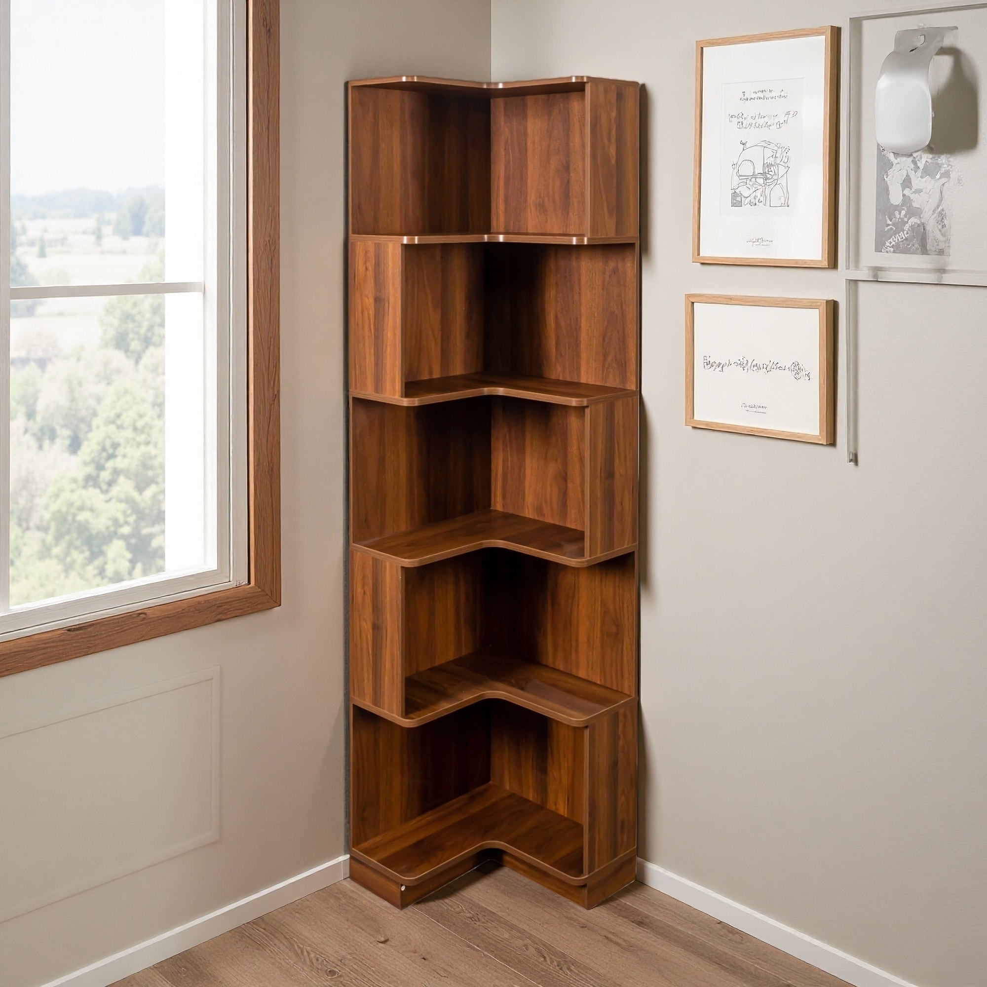 68.9"H 5-Tier Corner Bookshelf, Wood, LED Lights, L-Shaped, Space-Saving Design