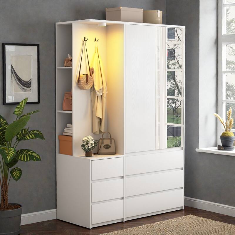 71.7 Inch Wooden Wardrobe Closet with 3 Doors and 2 Drawers, Modern Bedroom Storage Cabinet with Hanging Rail