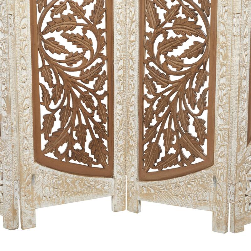 Mango Wood Floral Handmade Foldable Arched Partition 4 Panel Room Divider Screen - Brown - Roche River Decor
