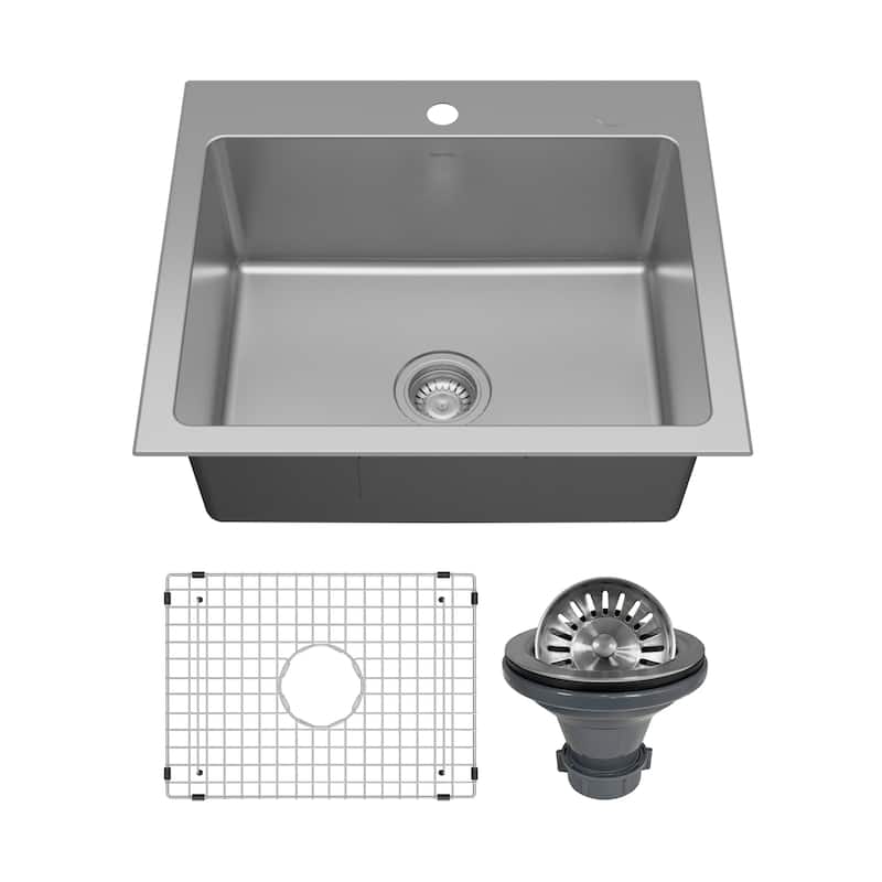 Karran Lansen 25" Top Mount 18 Gauge Single Bowl Stainless Steel Sink with Accessories - Stainless Steel