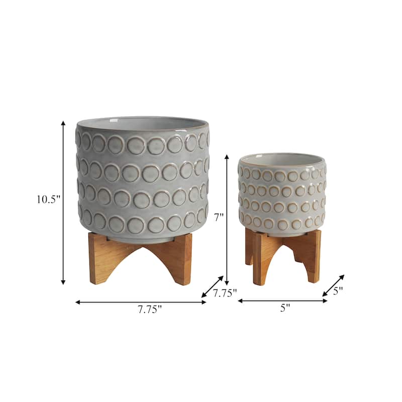 Sagebrook Home Ceramic Planters: Elevate Your Greenery with Stylish Bamboo Wood Stands - Perfect Home Decor Accessory