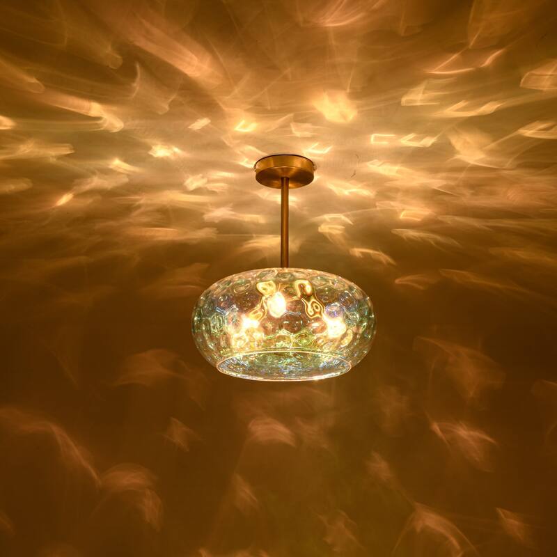 14.2" W 3-Light Modern Gold Dome Semi-Flush Mount Ceiling Light with Water Glass Shade for Foyer, Bedroom