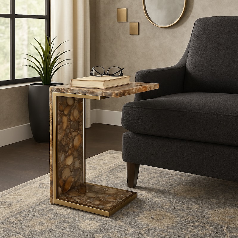 Stone Metal Accent Table Modern C-Shape Glam Finish - 25" Brown - 14" x 10" x 24.75"