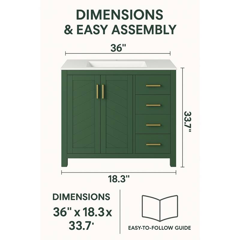36'' Freestanding Bathroom Vanity with Sink, Solid Wood Frame, 3 Drawers