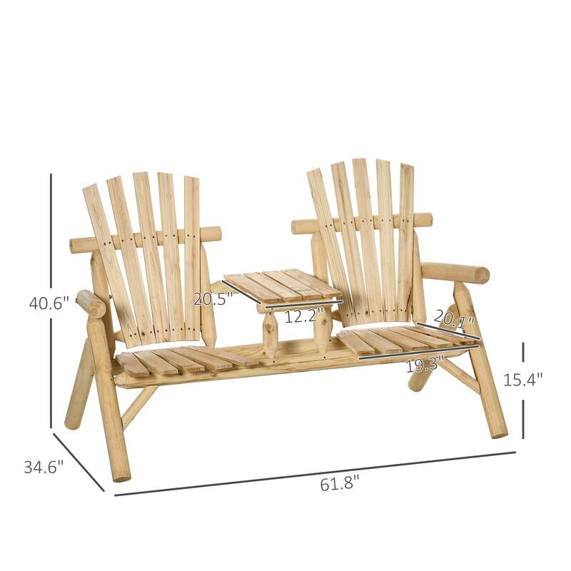 Outsunny 2-Seat Wooden Adirondack Chair, Patio Bench With Table, Outdoor Loveseat Fire Pit Chair For Porch, Backyard, Deck