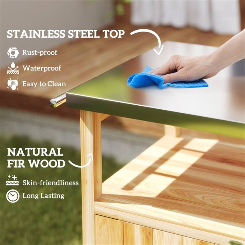 Natural Wood Grill Cart with Stainless Steel Top Cabinet Spice Rack Towel Holder and Swivel Casters 27 Inch