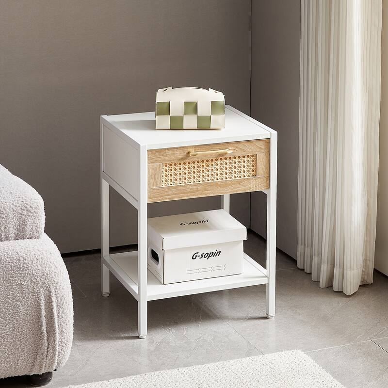 Rattan End Table with Drawer and Metal Legs - White