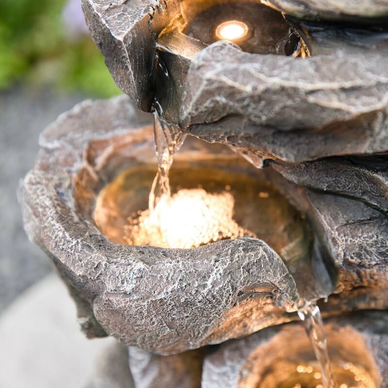 Glitzhome 20.5"H 4-Tierd Lighted Peacock Stacked Stones Polyresin Outdoor Floor Fountain