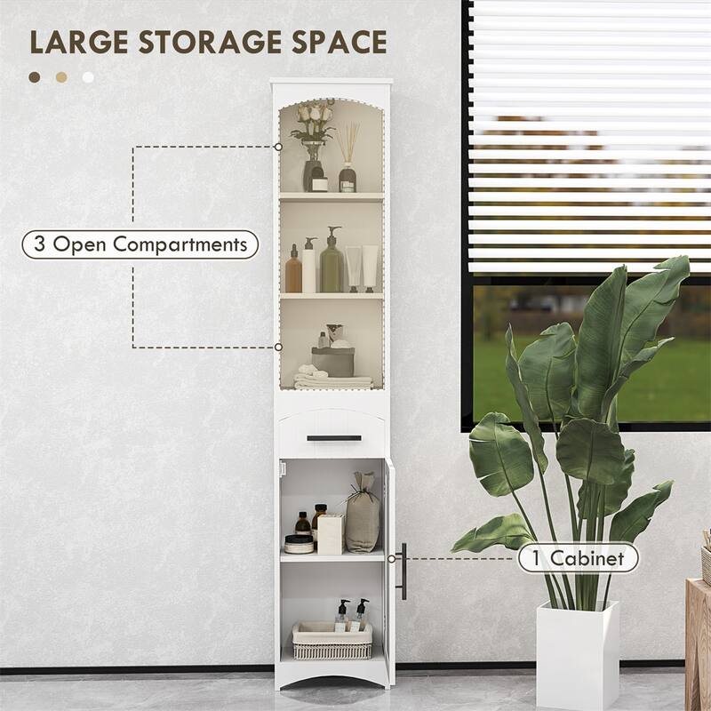 White Tall Cabinet with Drawer and Open Shelves Barn Door Style for Bathroom or Kitchen Use - 13.4" L x 9.4" W x 66.9" H
