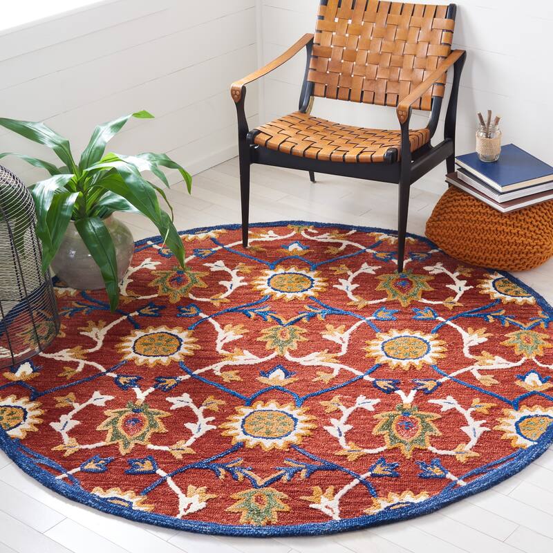 SAFAVIEH Handmade Blossom Rositza Floral Wool Rug - 6' Round - Rust/Blue