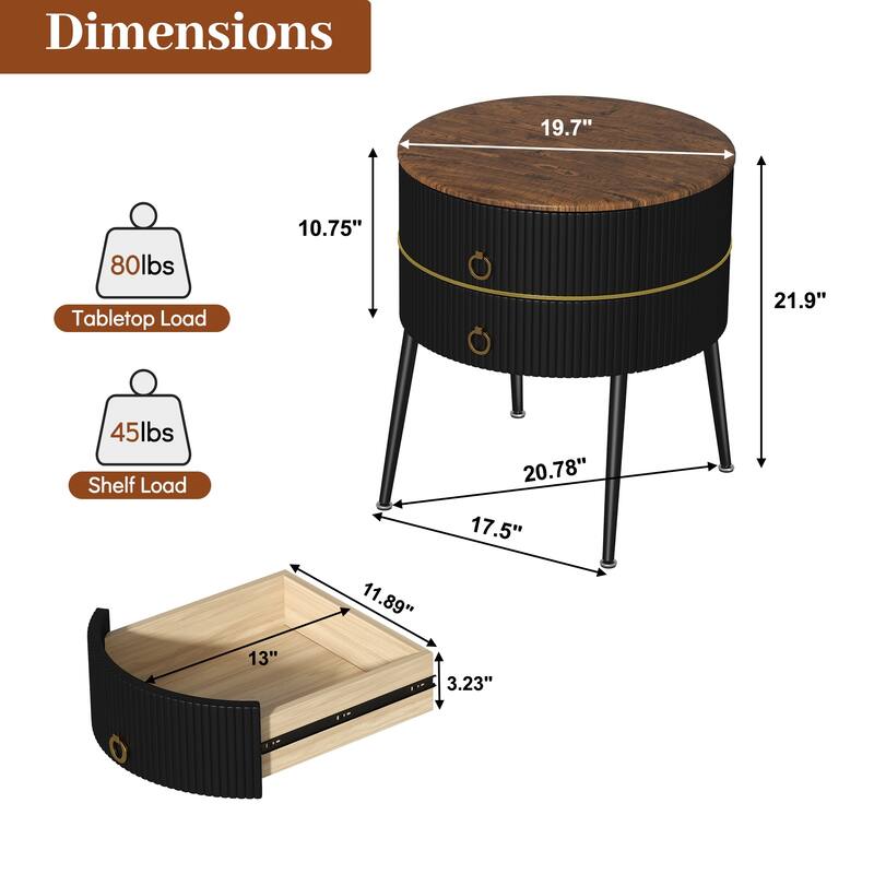 Myhozm Round End Table with Storage, Barrel-Shaped Nightstand for Living Room, Bedroom