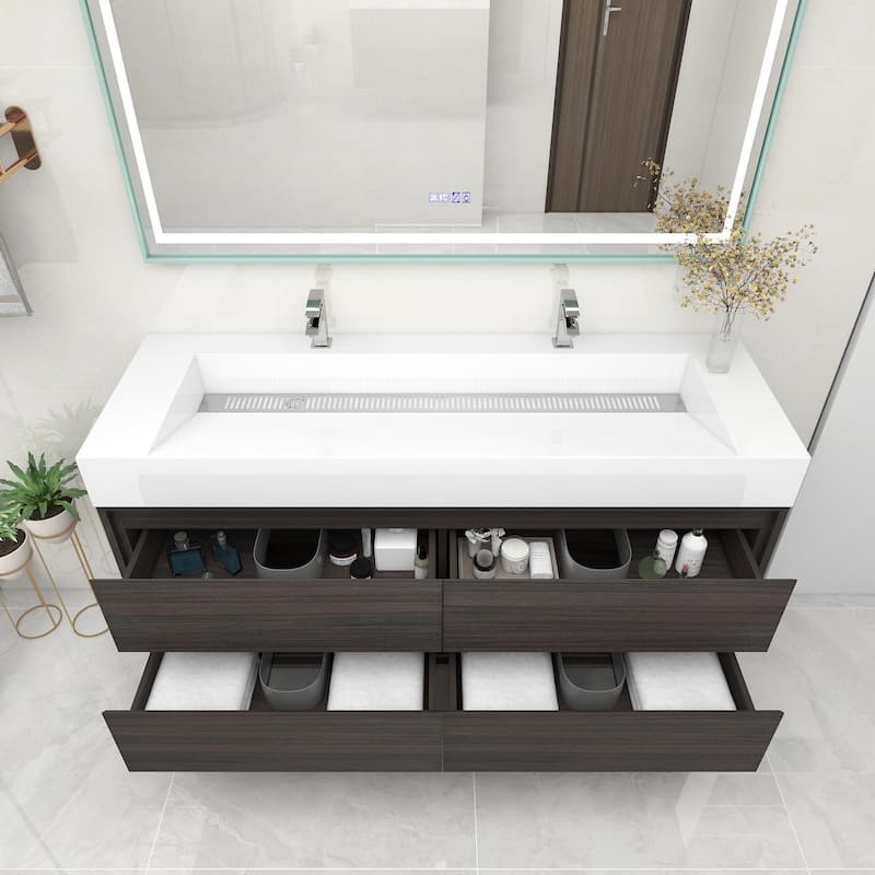 Victoria 60" Wall Mounted Modern Vanity with Double Acrylic Sink