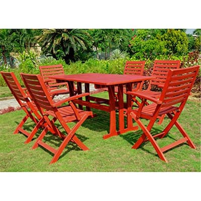 Acacia Wood Patio Dining Set - 7 Piece Outdoor Table & Chair Set - Folding Chairs - Umbrella Hole - 59" Table
