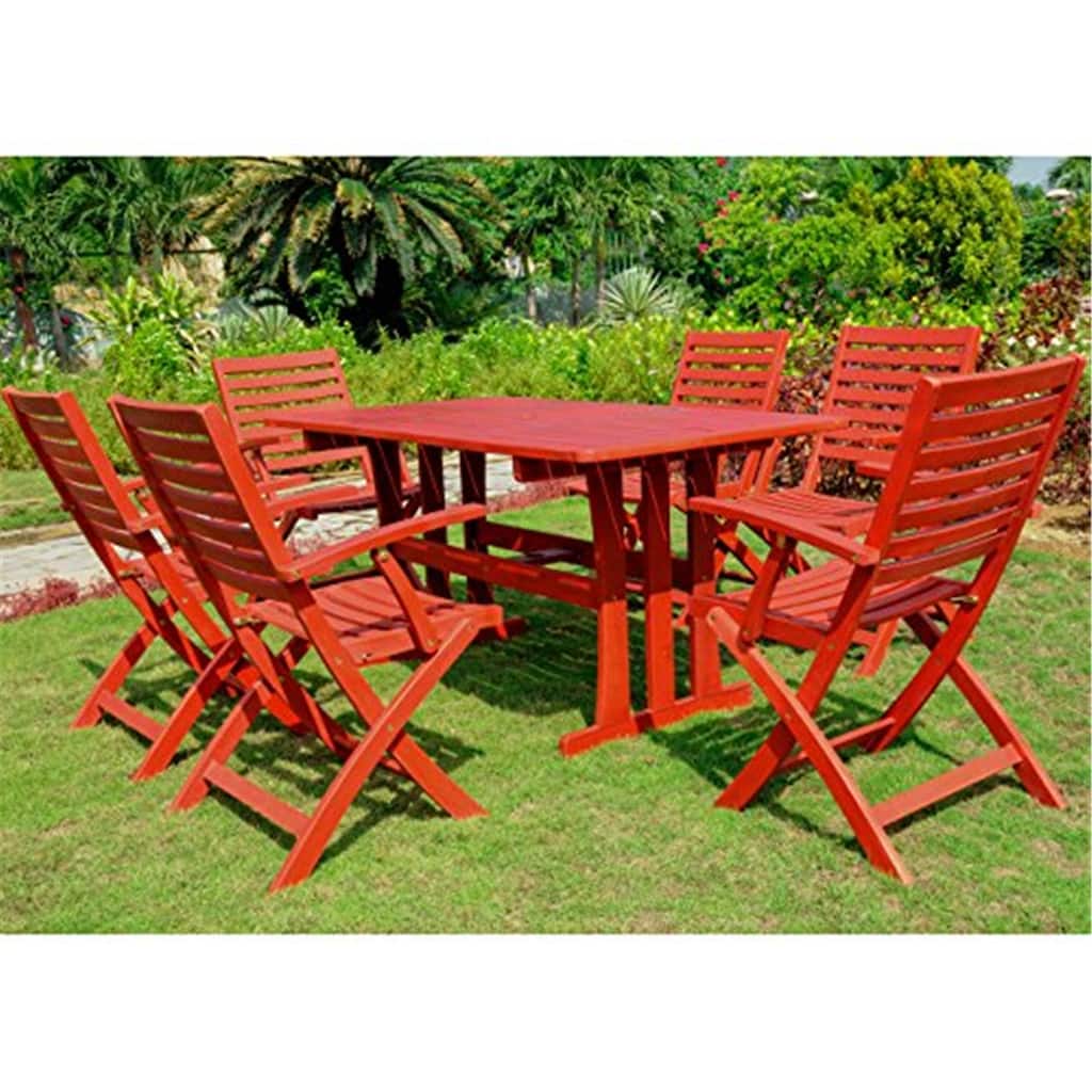 Acacia Wood Patio Dining Set - 7 Piece Outdoor Table & Chair Set - Folding Chairs - Umbrella Hole - 59" Table