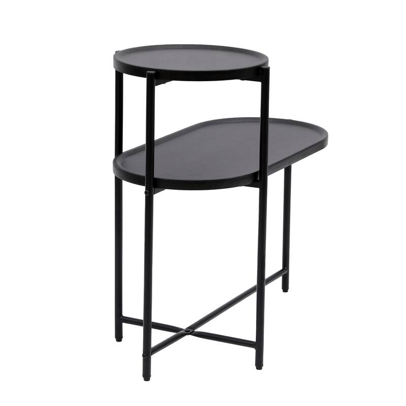 2 Tier Oval End Table Sofa Side Table Modern Home Storage Stand Wood Side Cabinet Narrow Side Coffee Table with Storage Tray