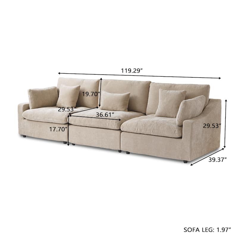 Modern Comfy Linen Sectional Sofa 3-Seater Down Filled Cloud Couch