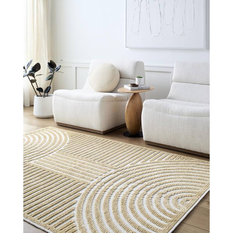 Livabliss Remi Mod Stripe Machine Washable Area Rug - 5' x 7'2" - White/Mustard