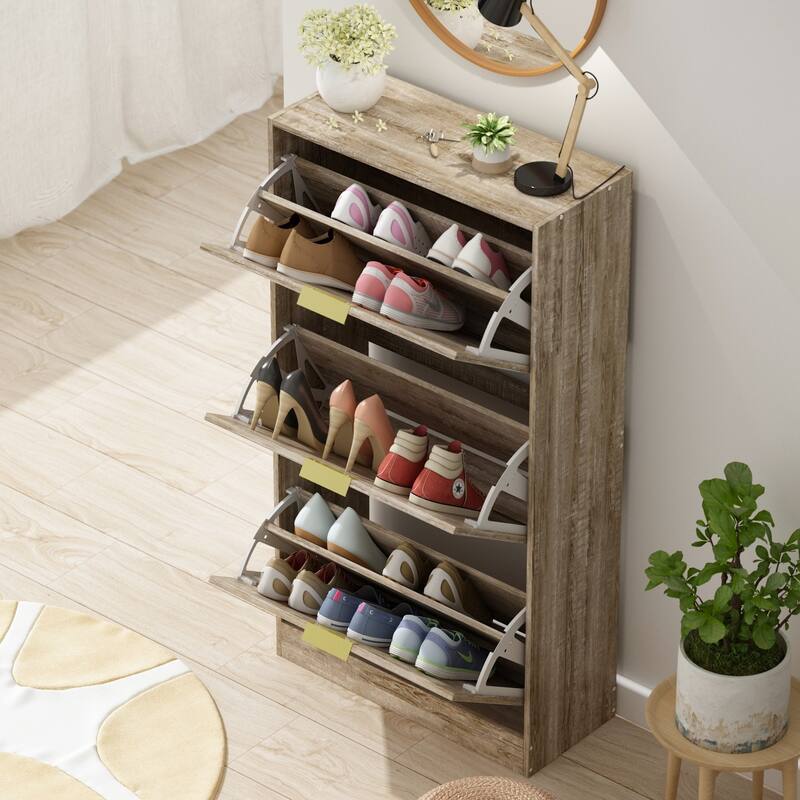 Timechee Shoe Cabinet with 3 Mirrored Flip Drawers, Free Standing Slim