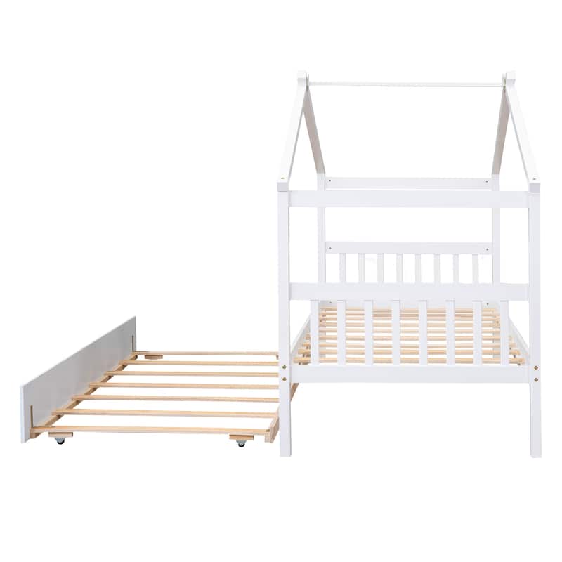 Twin/Full House Bed with Pull-Out Trundle, Solid Pine Wood Frame for Sleepovers
