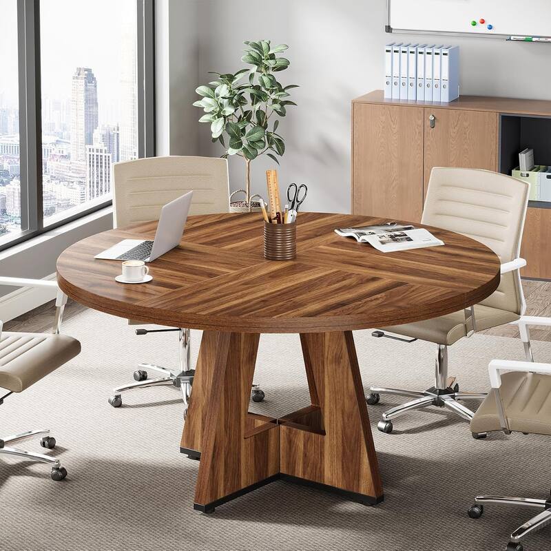 47" Round Conference Table Meeting Room Table with Thickened Top Wood Base Modern Training Desk for Conference/Seminar Room