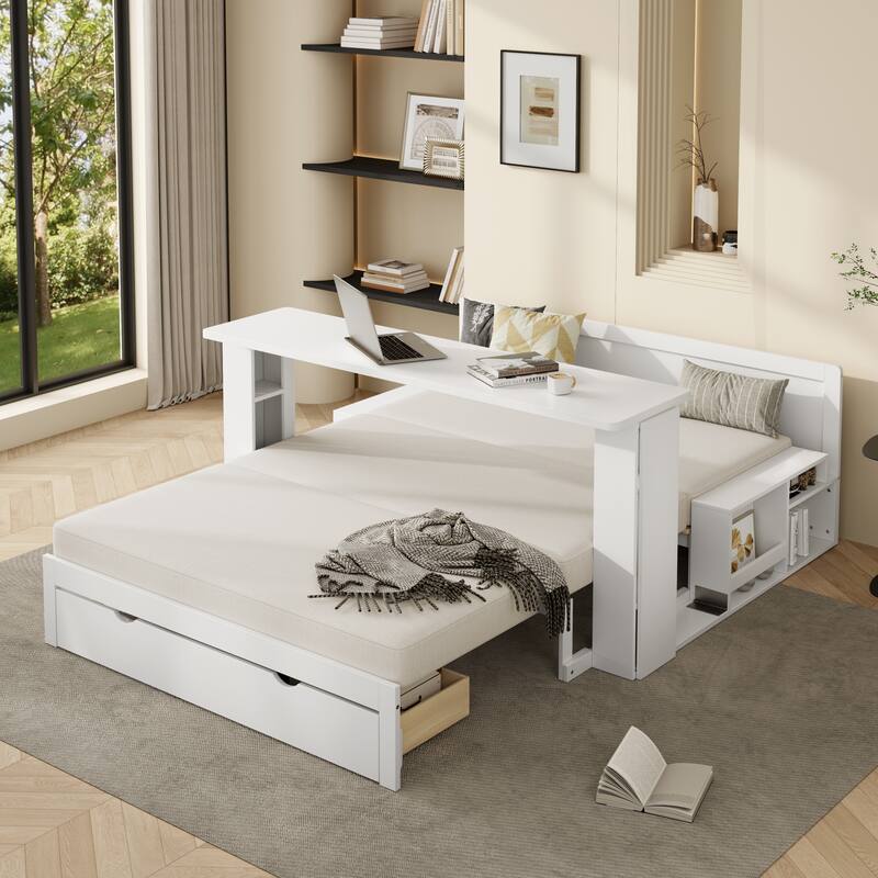 Full Size Daybed with Removable Desk, Storage Drawers & Hydraulic Side Table