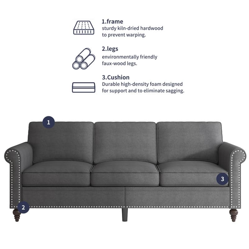 Mixoy 2 Piece Living Room Sofa Set with Rivet Design,Linen 3-Seater Sofa Couch,Loveseat Sofa/Single Sofa Chair