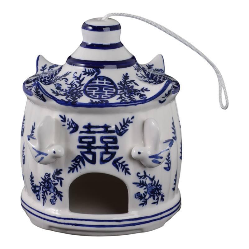 Ceramic Birdhouse Chinoiserie Floral Design Home and Garden Decor - 8" White - 7" x 7" x 8"