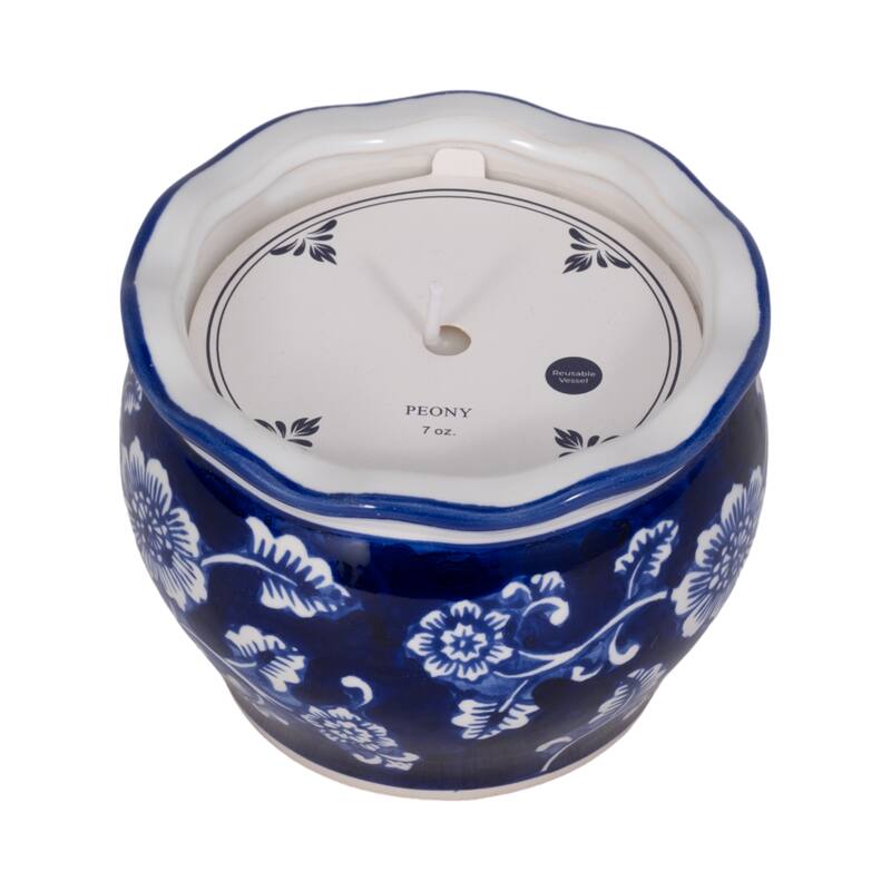 Sagebrook Home Ceramic Chinoiserie Candle 4" - 7oz, Blue and White - 4" x 4" x 3"