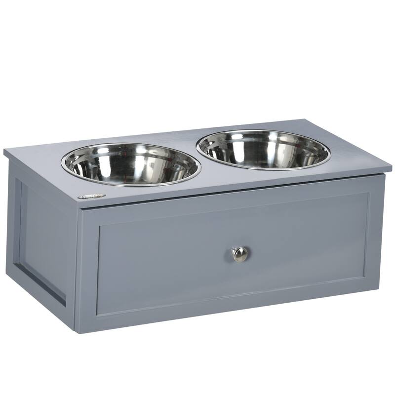 Elevated Dog Bowls, Raised Dog Bowl Stand with Storage, 2 Stainless Steel Bowls, Pet Feeding Station for Medium Dogs - Grey - Grey