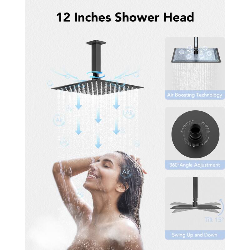 Thermostatic Shower System 12" Rain Shower Head with High Pressure Handheld Spray