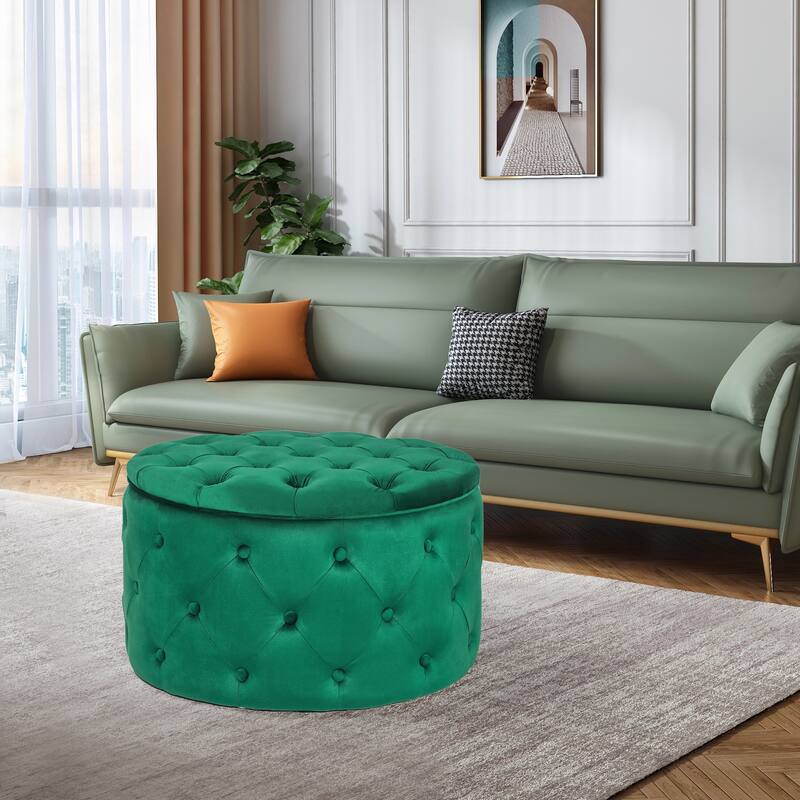 Adeco Round Velvet Storage Ottoman, Button Tufted Footrest Footstool