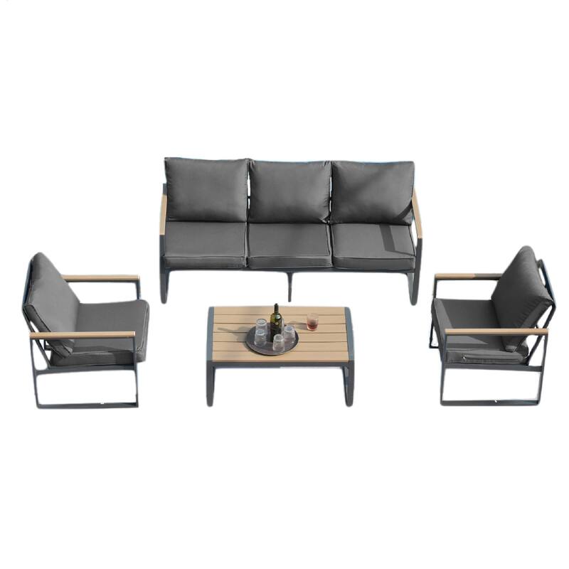 4-Piece Modern Outdoor Sofa Set - Iron Frame with Grey Cushions and Faux Wood Grain Coffee Table