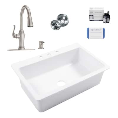 Jackson Crisp White Fireclay 33" Single Bowl Drop-In Kitchen Sink (3 Holes) with Maren Stainless Faucet Kit