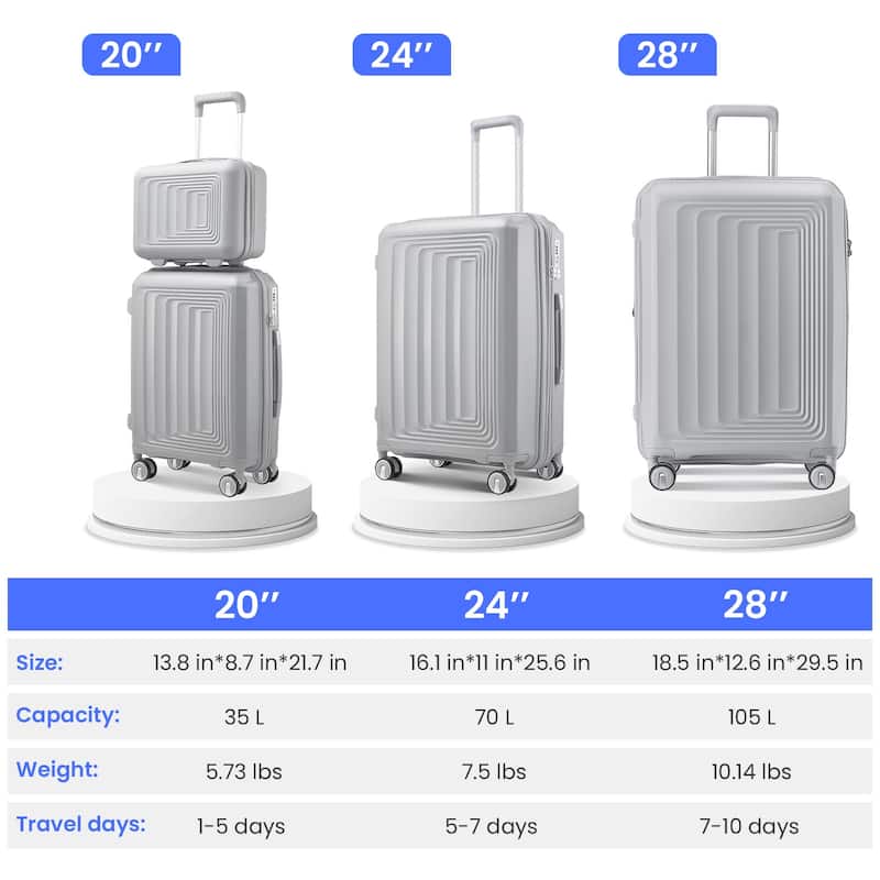 4-Piece, 14/20/24/28-Inch Modern Lightweight Luggage Expandable Luggage with Spinner Wheels, for Boarding Travel, Silver