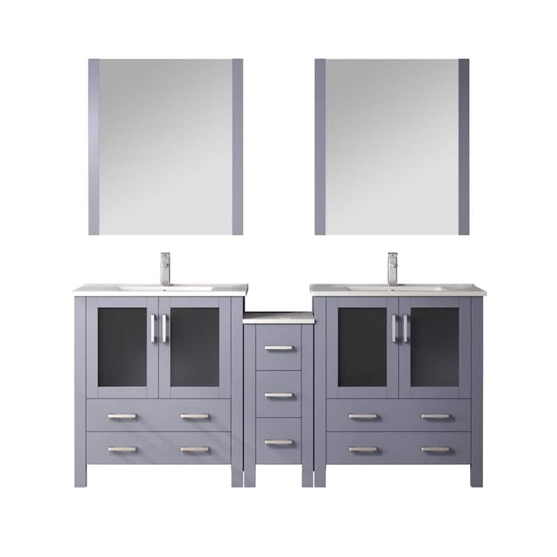 Volez Double Bath Vanity with Side Cabinets, Faucet Set, White Ceramic Top and Mirrors - 72 - Dark Grey