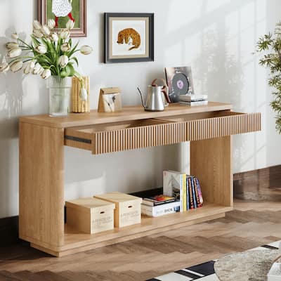 60" Modern Fluted Console Table with 2 Drawers for Living Room