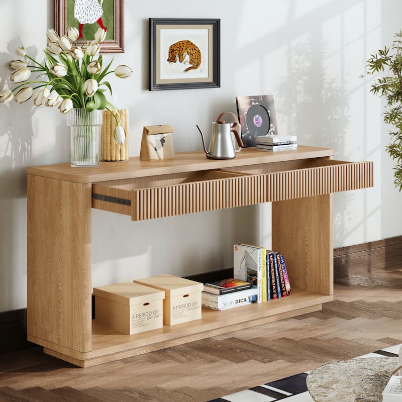 Rectangular Entryway Console Table with 2 Fluted Drawers, Sofa Table Behind Couch Table for Living Room Hallway