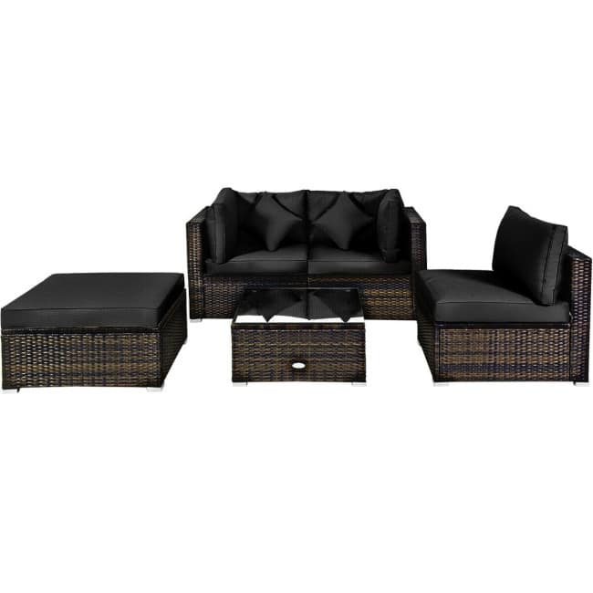 5 Pcs Outdoor Patio Rattan Furniture Set Sectional Conversation with Cushions - 29.5'' x 29.5'' x 25.5'' (L x W xH) - Black