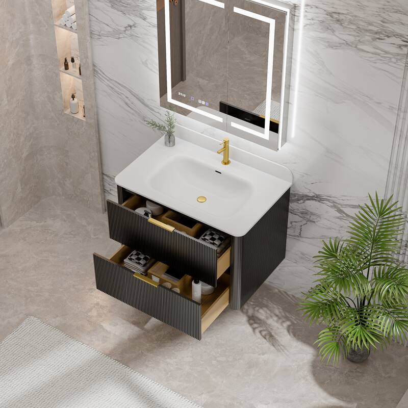 Modland Fluted Floating Vanity with Sink, Plywood Wall Mount Cabinet, Curved Edge, 24/30/36 Inch