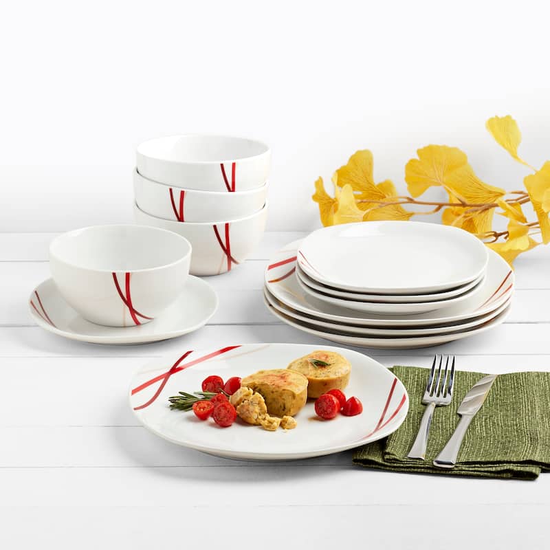 Tabletops Gallery Adrian 12 Piece Porcelain Dinnerware Set In White With Red Stripes- Service for 4