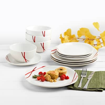Tabletops Gallery Adrian 12 Piece Porcelain Dinnerware Set In White With Red Stripes- Service for 4