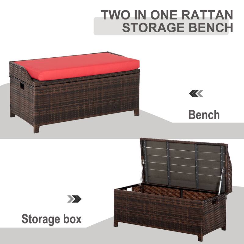 Outsunny PE Rattan Patio Storage Bench with Interior Water-Fighting Cloth Bag & Comfortable White Top Cushion