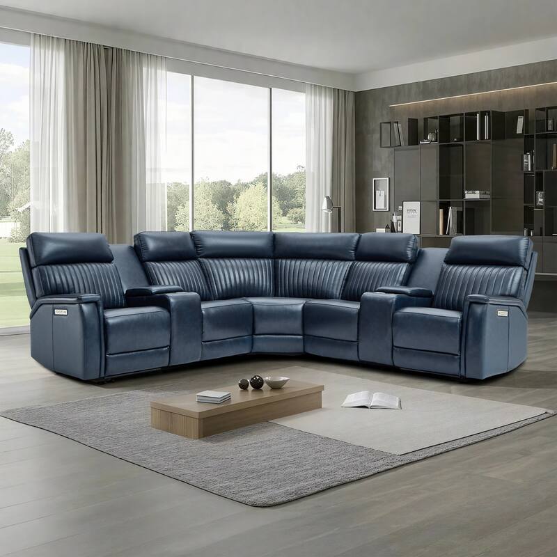 7PCS, 2 Power Recliners, Leather Reclining Sectional with Power Headrest