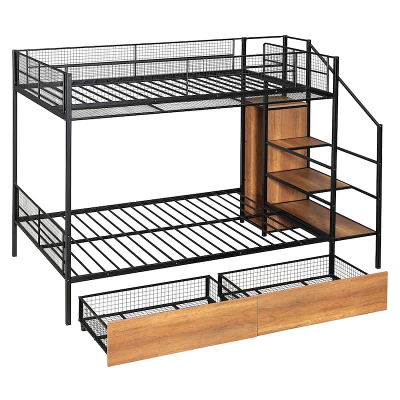 Twin over Full Metal Bunk Bed with Storage Ladder