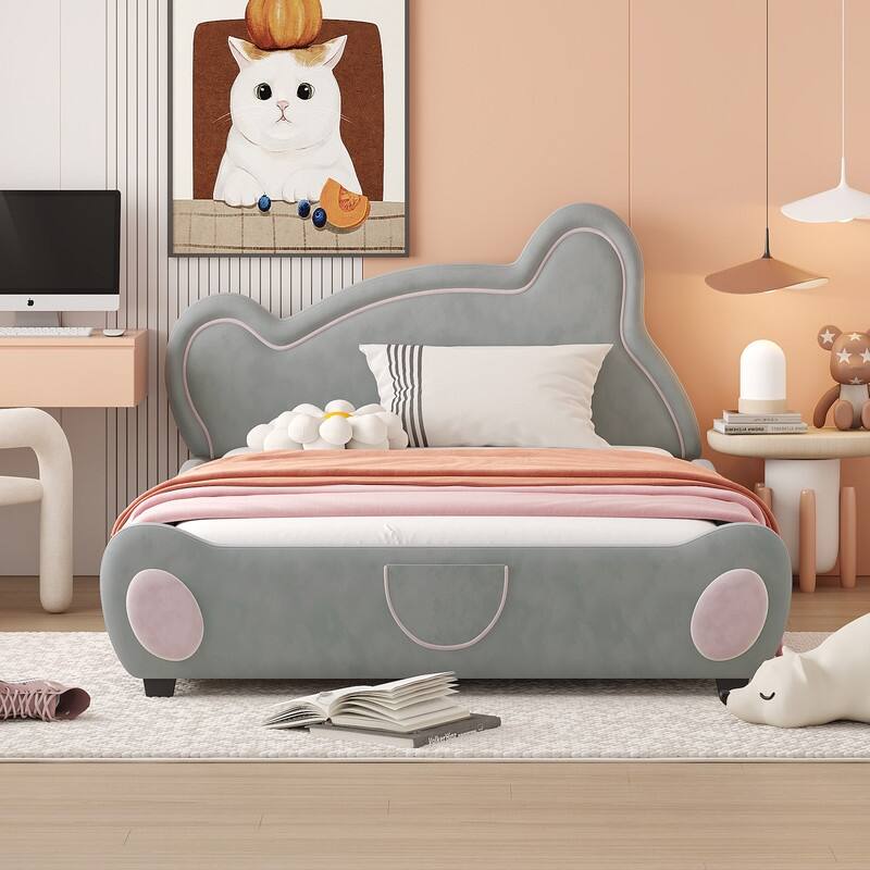 Full Size Velvet Platform Bed w/Bear-Shaped Headboard, Drawers, Pocket - Grey
