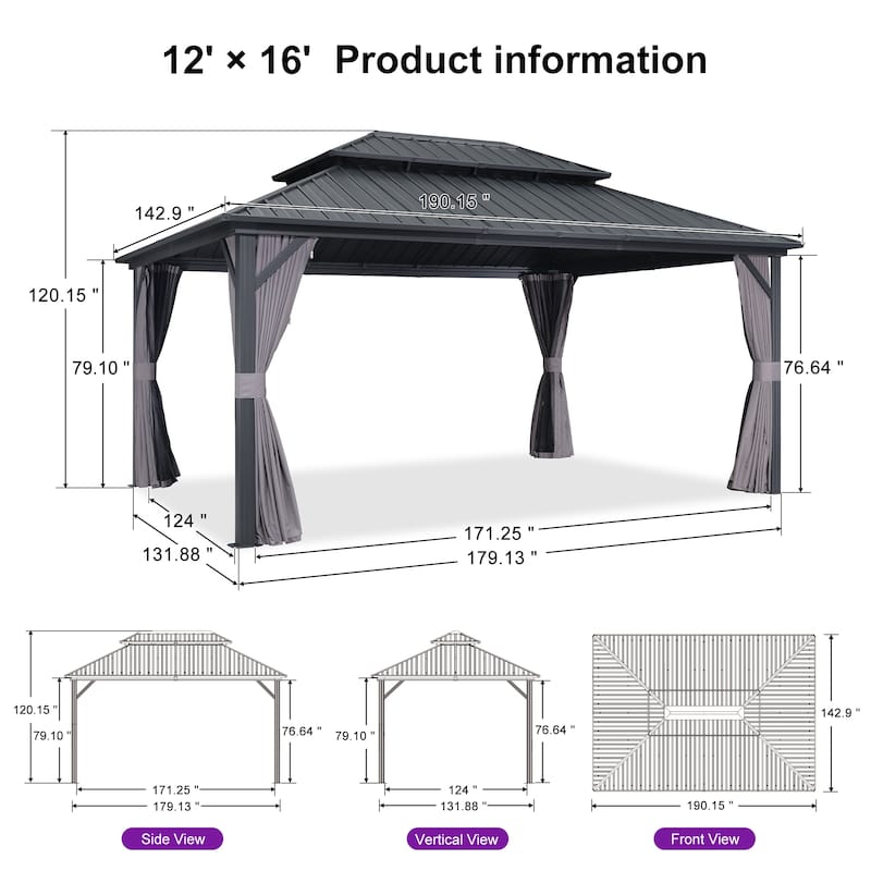PURPLE LEAF Gazebo Outdoor Gazebo with Dual-Layer Galvanized Steel Double Roof Aluminum Gazebo with Netting and Curtains Grey