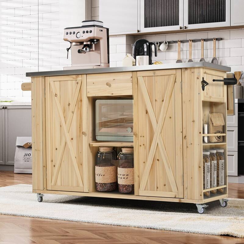 52.25" Outdoor Kitchen Island with Stainless Steel Top, Ample Storage Space, Towel and Spice Racks and a Bottle Opener