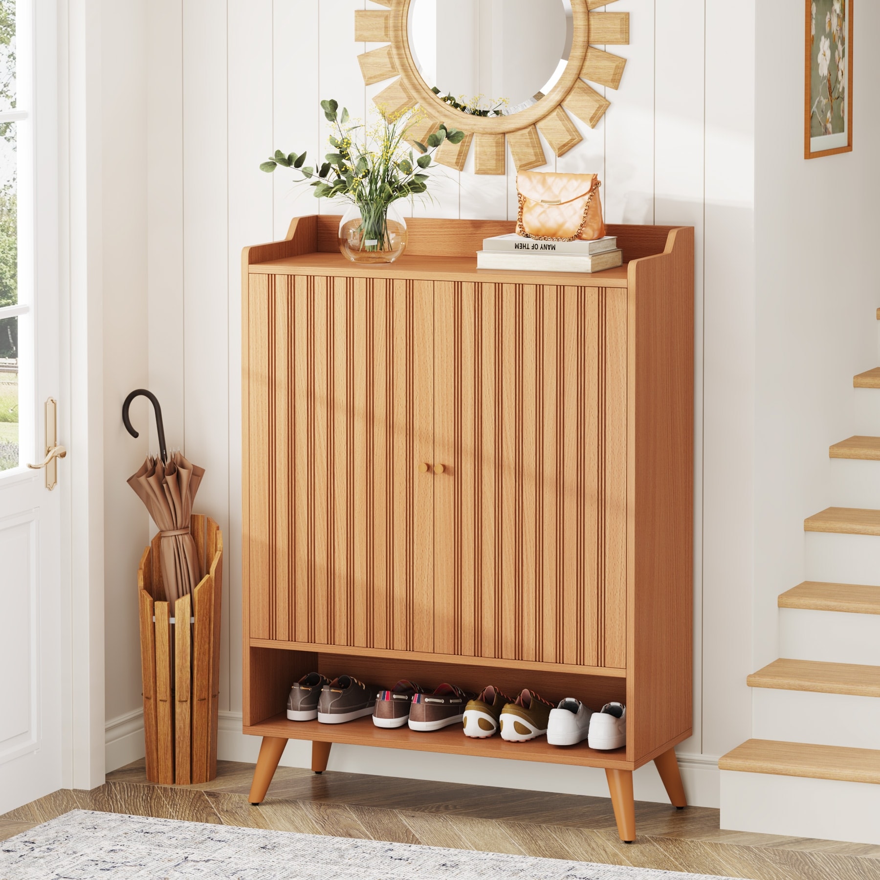 Entryway Slim Shoe Storage Cabinet with Adjustable Shelves and Open Shelf On Sale Bed Bath Beyond 38190073